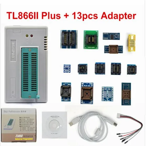 TL866 II PLUS 13pcs TL866II плюс универсальный Minipro программист+ 12 адаптеров+ тестовый зажим+ адаптер 1,8 в TL866 AVR PIC программист скорости биоса - Цвет: TL866 II PLUS 13pcs