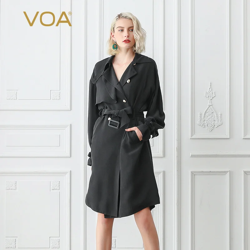 Женский Тренч VOA матовый черный из тяжелого шелка с длинным рукавом и летучая