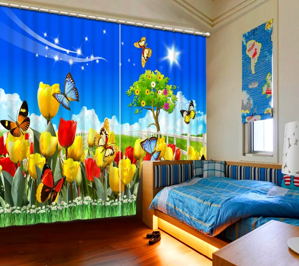 

Pastoral Style HD 3D Curtain garden flowers butterfly Kids Room Curtains Modern girl room Curtain Drapes Window Decoration