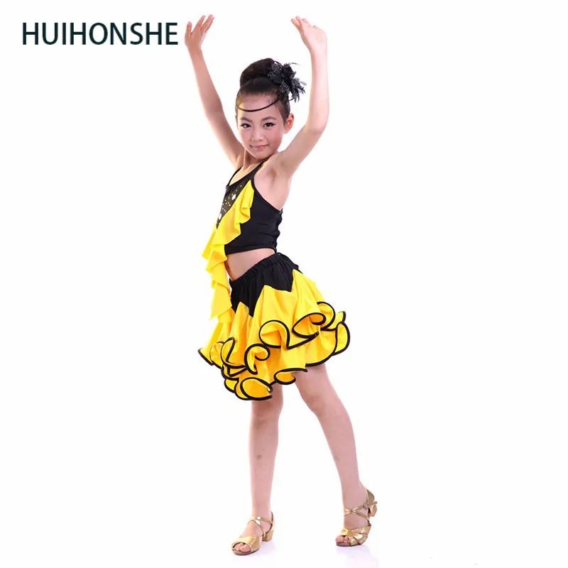 HUIHONSHE/платье для латинских танцев девочек платья сальсы с розой Желтые блестками