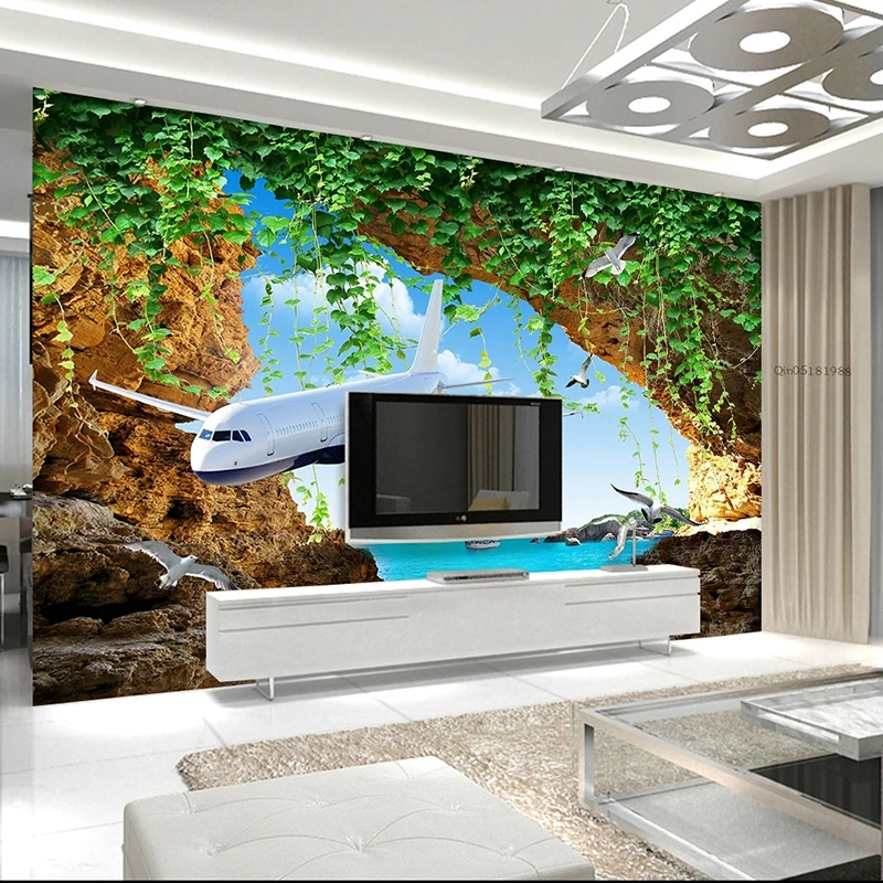 3D настенная бумага декоратор морской пейзаж пещера самолет ТВ фон спальня фото