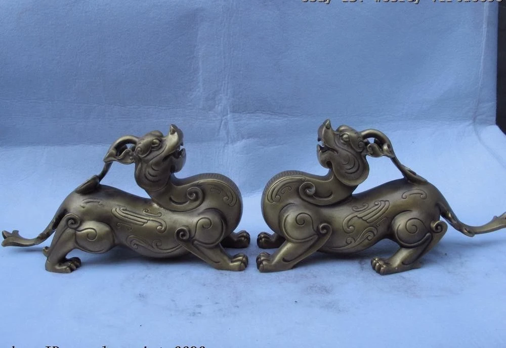 6 Chinese Folk Brass Copper Feng Shui Evil Foo Dog Lion Kylin Brave troops Pair | Дом и сад