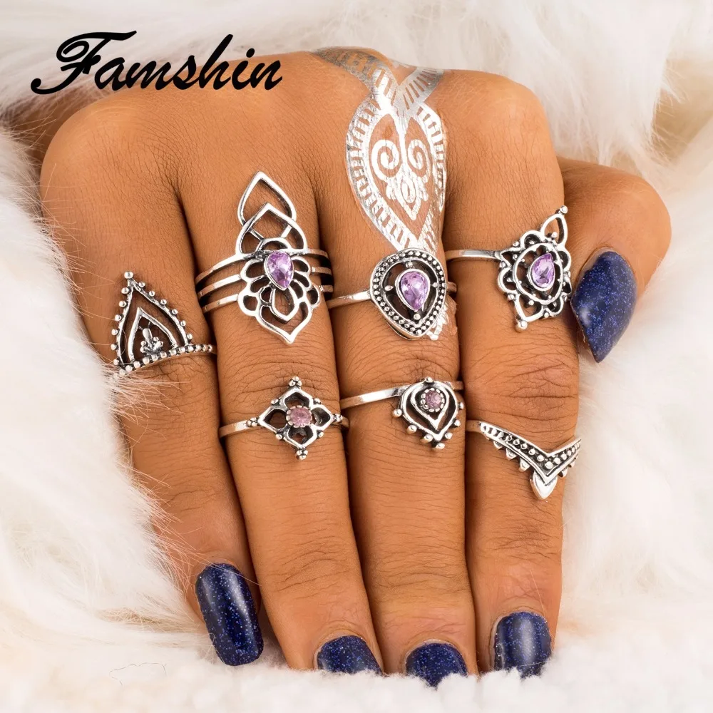 FAMSHIN Мода 7 шт./компл. Цвет Кристалл индийский этнический Ветер полый цветок