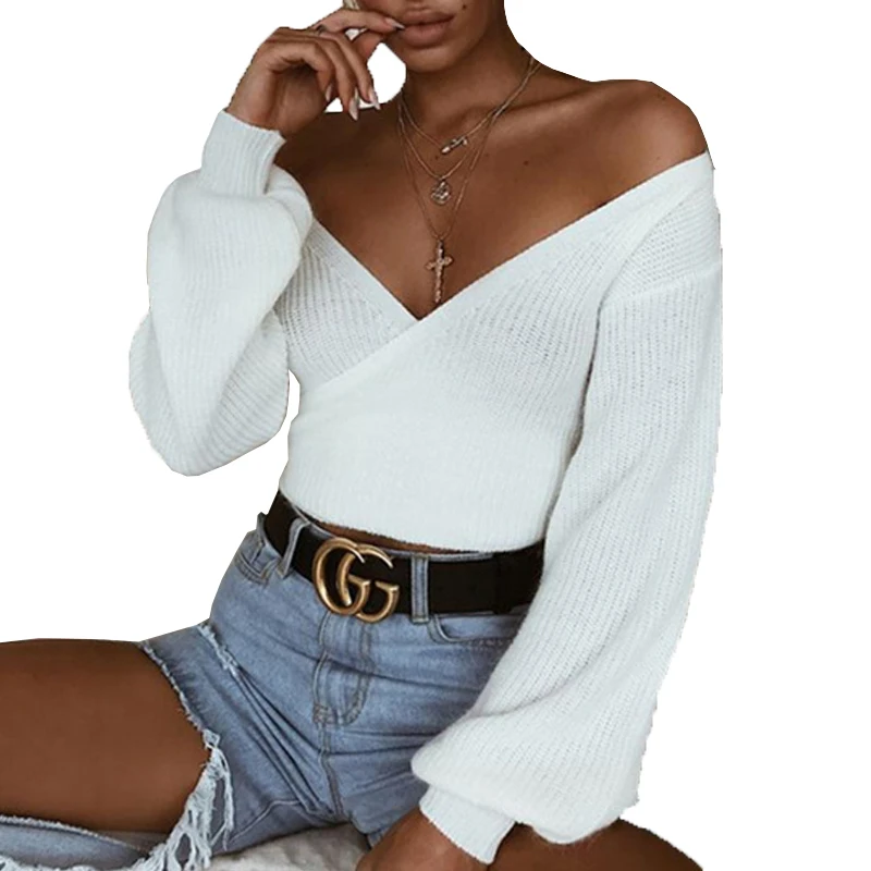 BHplushyee White Sweater Women Sexy V neck Long Sleeve Knitted Sweaters Jumpers 2018 Female Crop Tops Winter Pull Femme | Женская одежда