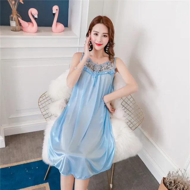 light blue Сексуальная летняя тонкая ночная рубашка из ледяного шелка, пеньюар с цветочным принтом, повседневное домашнее платье для беременных женщин, свободное искушение - Цвет: light blue