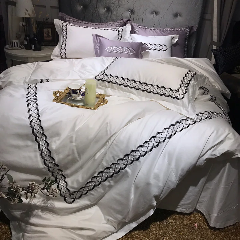 

4pcs Queen King Luxury Royal Wedding Bedding set 120S Egyptian cotton Embroidery Boho Duvet cover Bed sheet set Pillowcase white