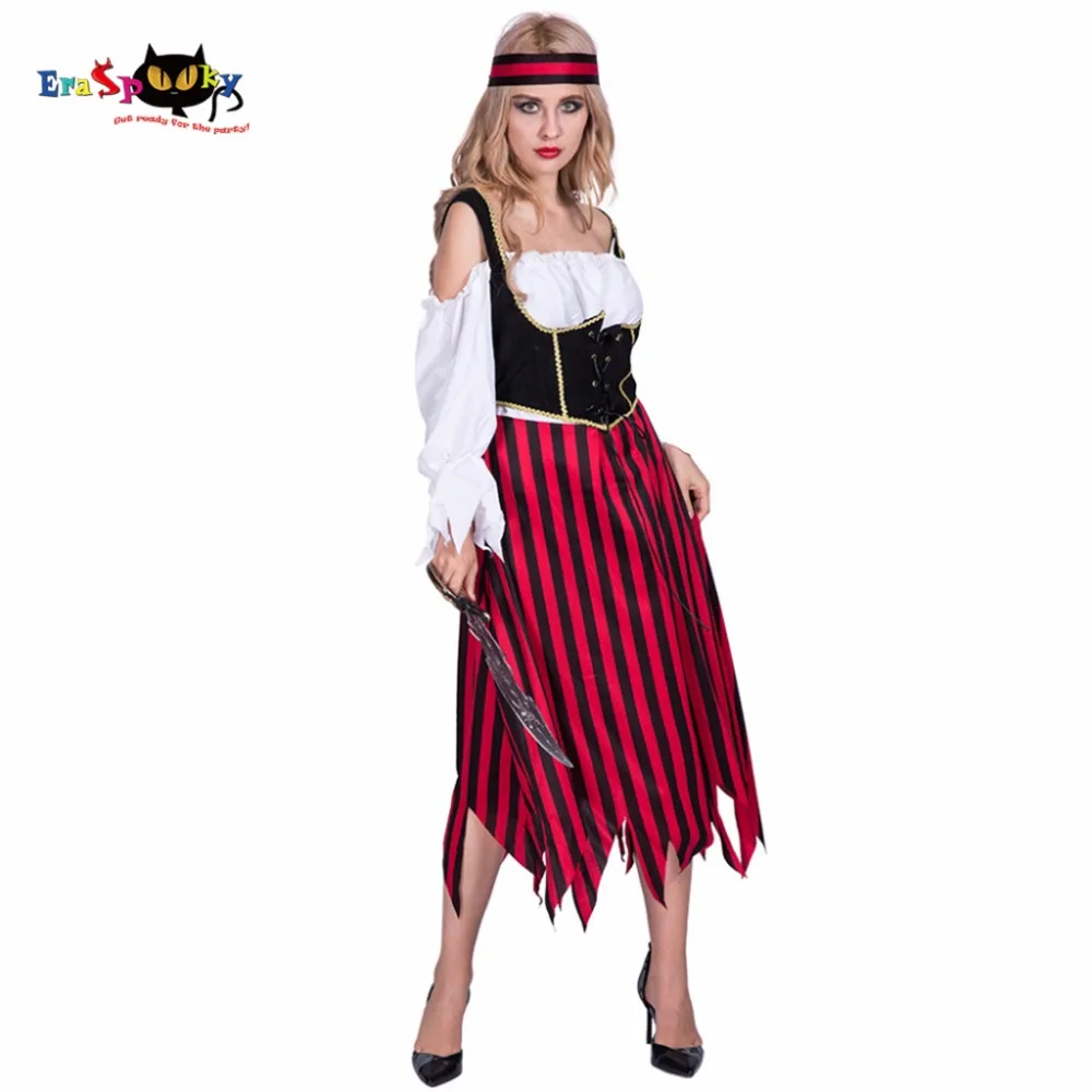 

Women Sexy Vintage Medieval Pirate Costume Cosplay Striped Dress Party Fancy Dress Clothing for Female Adult Halloween Costumes