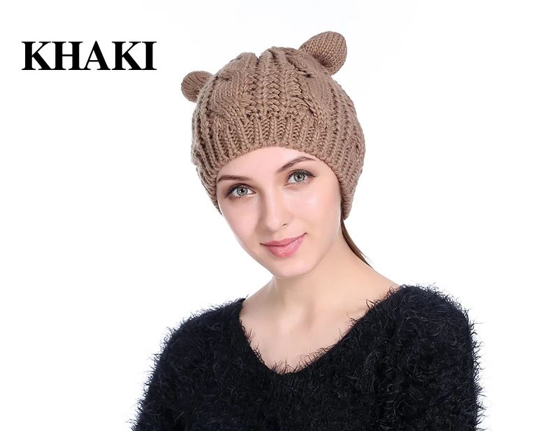 Женская мода, с милыми ушками, Форма Кепки теплая зимняя женская шапка нарядное платье без рукавов для девочек вязаная шапка Кепки Фирменная Новинка Хип-хоп кепка, зимняя шапка