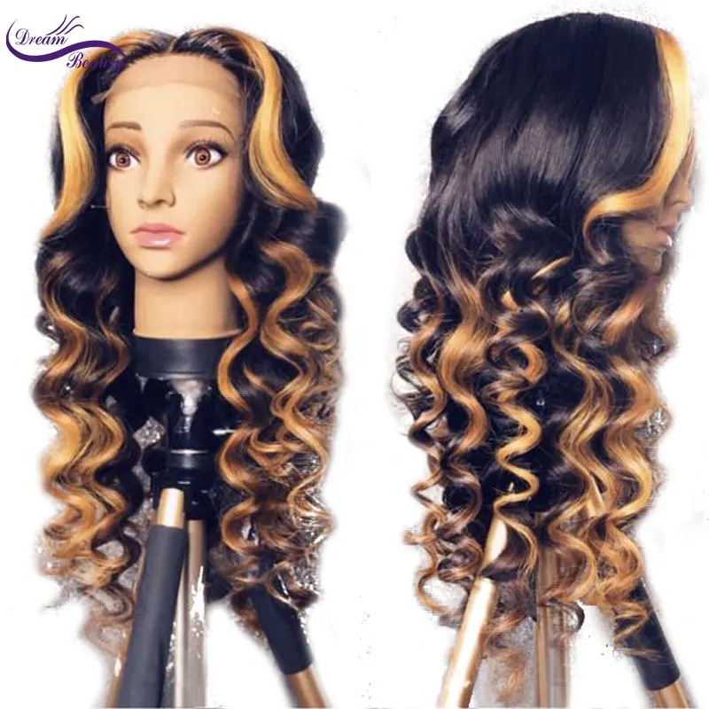 Омбре выделяет Цвет волнистые Remy бразильские 13x6 глубокие кружевные передние человеческие волосы парики предварительно сорванные натуральные парики из волос Dream beauty