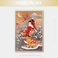 artist hand painted high quality wall art black and red kimono japan lady oil painting on canvas plum flowers dress oil painting