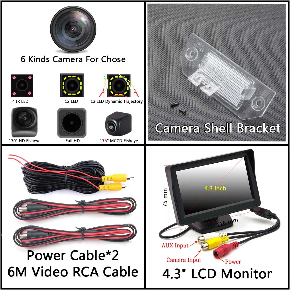 Camera 4.3 inch LCD 175 градусов MCCD Fisheye Starlight 12LED треков Full HD автомобиля обратный заднего вида Камера для Ford Focus 2 MK2 Седан C-Max C - Название цвета: Camera 4.3 inch LCD