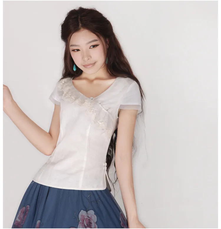 2017 Summer Women Blouse shirt Lace patchwork linen short Sleeve Sweet Cute  Blusa Top