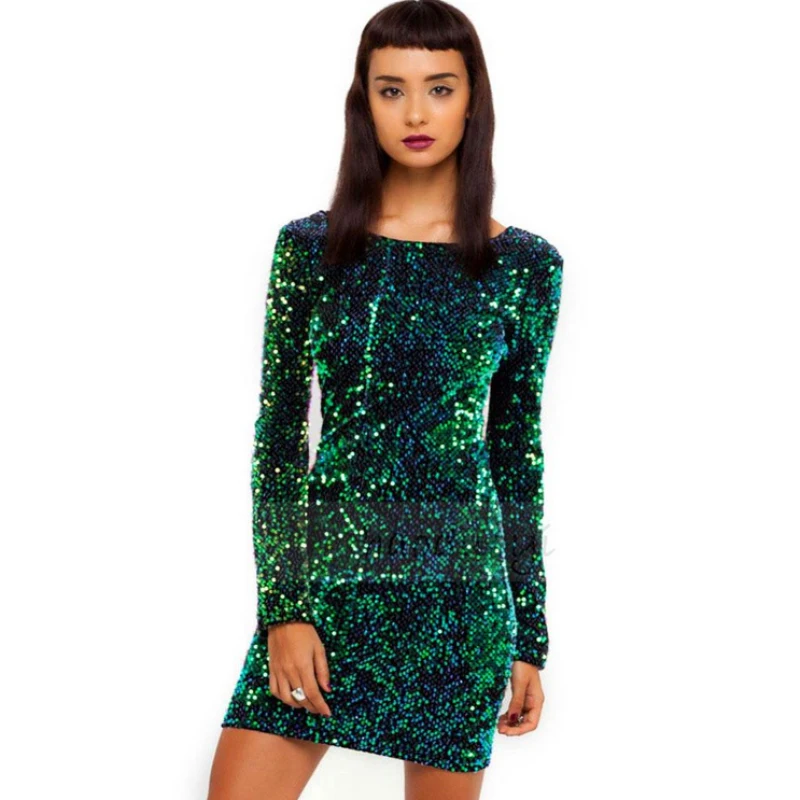 Sexy women dress длинным рукавом блесток bodycon зеленый радужный плюс размер туника клуб