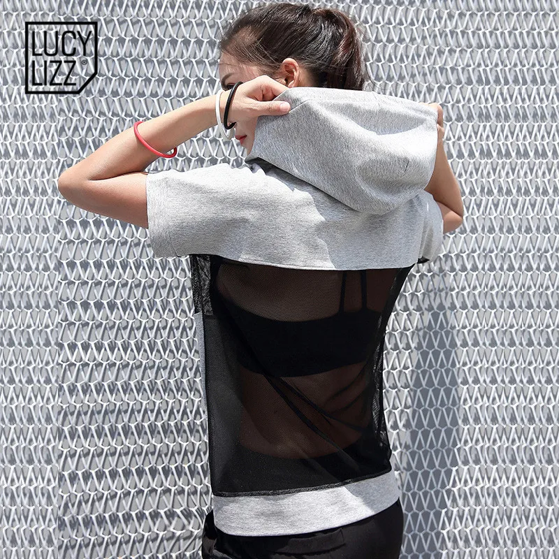 Lucylizz Черные Сетчатые спортивные рубашки топ с коротким рукавом капюшоном