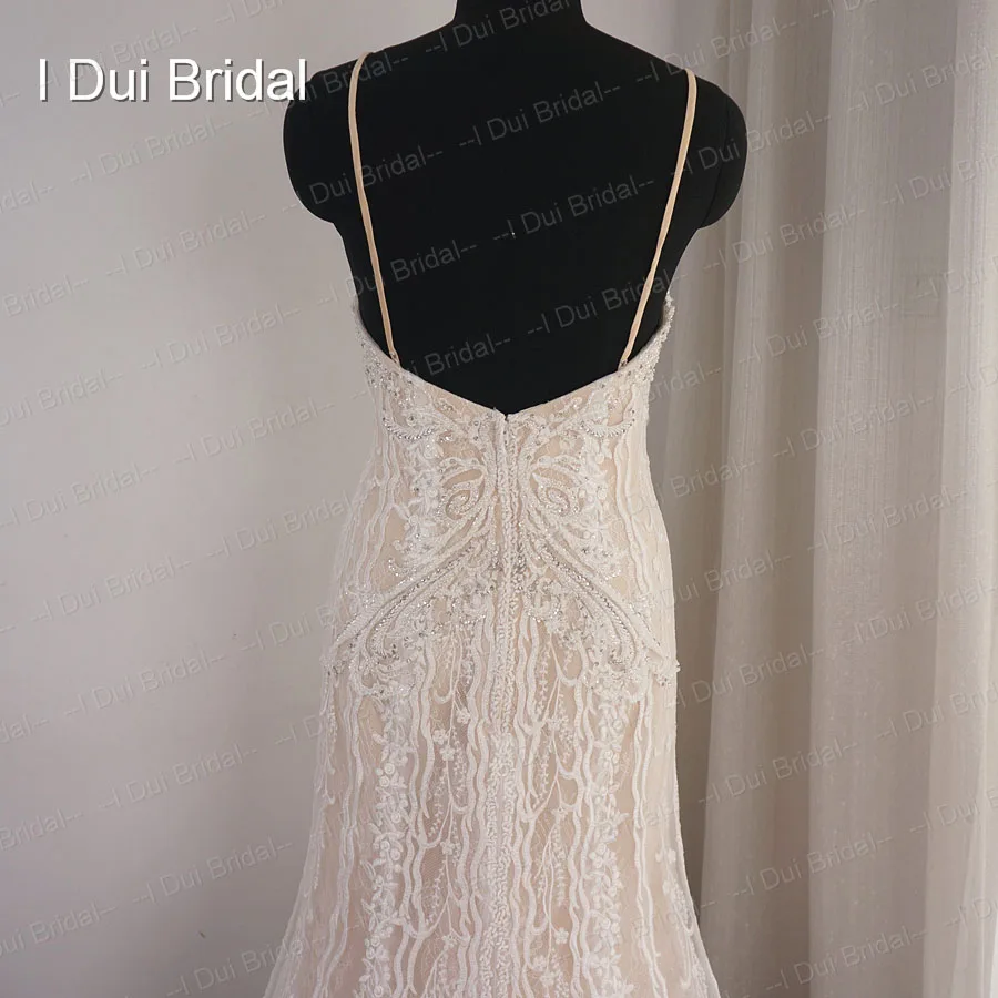 Spaghetti Strap Sheath Bridal Gown Luxury Beaded Unique Lace Vintage Classic Wedding Dress