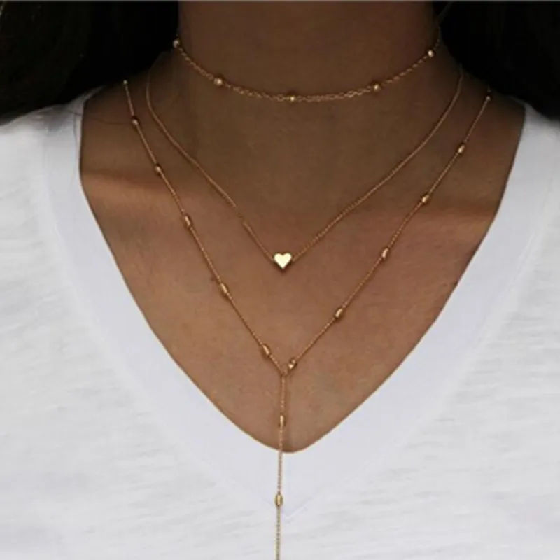 Женское многослойное ожерелье с подвеской Золотистое Ожерелье двойным сердцем и