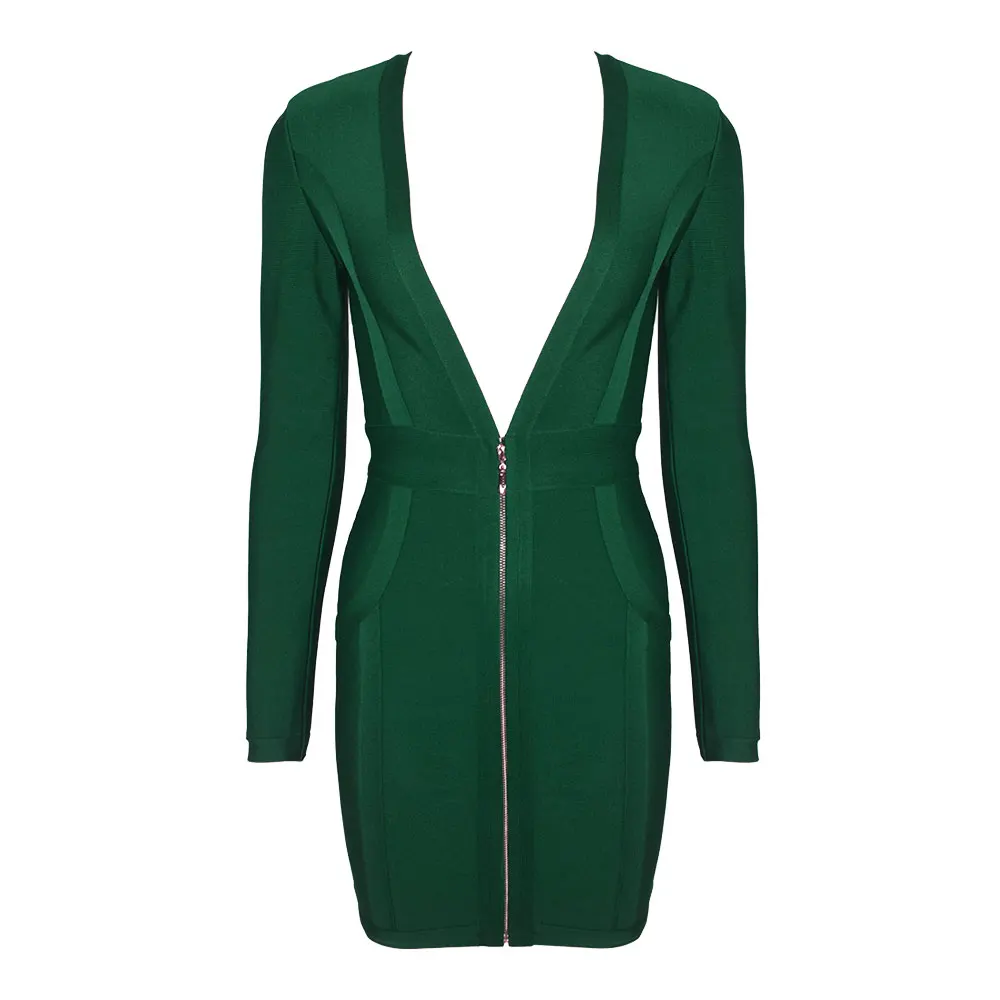 Dark Green BEAUKEY красное Бандажное платье с длинным рукавом глубокий v-образный вырез мини сексуальное облегающее платье размера плюс XL - Цвет: Dark Green