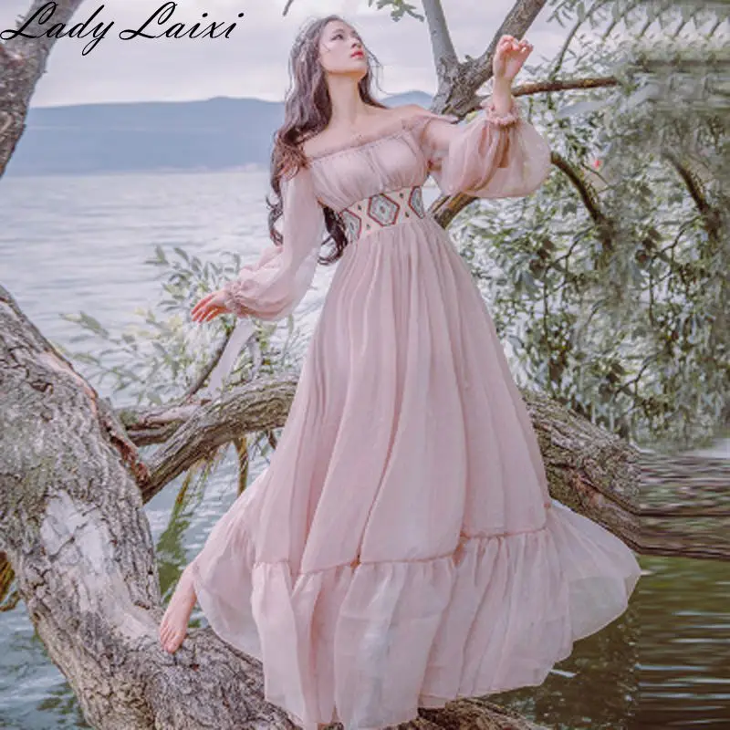 

2021 Spring High quality New Literary Vintage Slash Collar Long Sleeve Strapless Female Dress Large Swing Vacation Fairy Dress