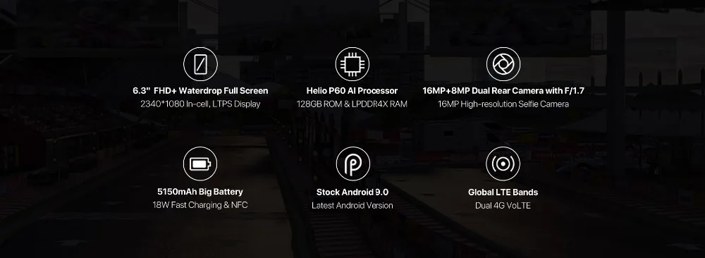 UMIDIGI F1 6,3 ''FHD+ Android 9,0 мобильный телефон 4 ГБ 128 ГБ Helio P60 Восьмиядерный сканер отпечатков пальцев NFC FCC Dual SIM 16 МП смартфон