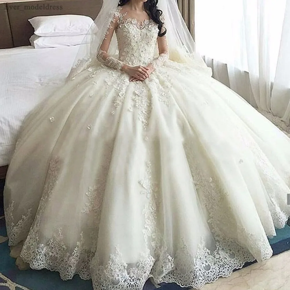 

Long Sleeve Lace Wedding Dresses 2020 Luxury Ball Gown Appliques Court Train Illusion Back Vestido De Noiva Robe De Mariee
