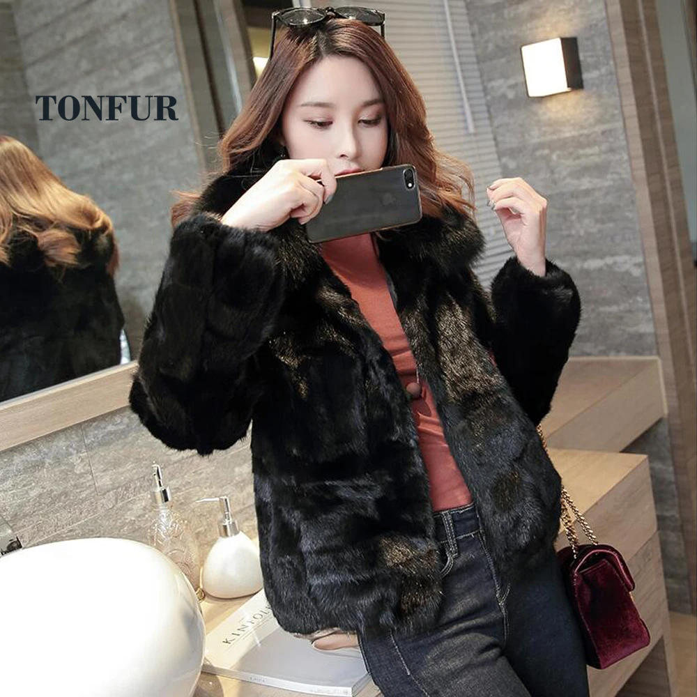 Шуба из натурального меха норки Роскошная с большим воротником лисьего