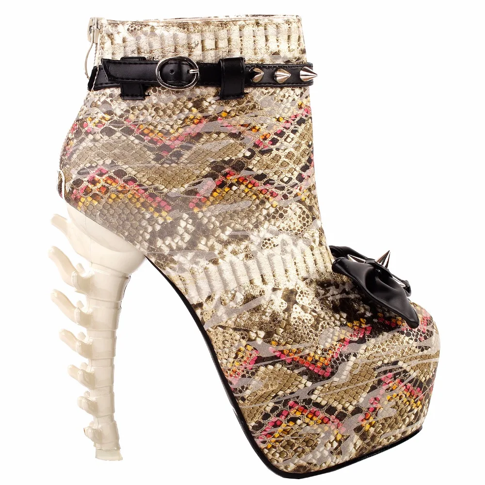 

LF80653 Punk Black White Snake Skin Effect High-top Bone High Heel Platform Ankle Boots