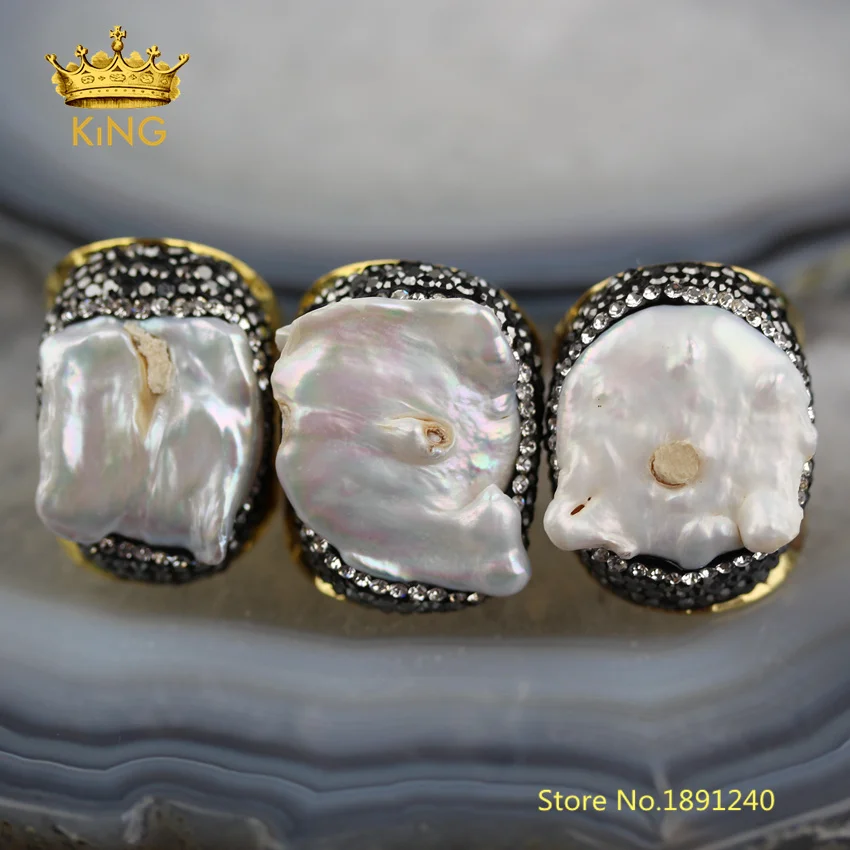 

5pcs White Pearl Rings Fine Jewelry,Natural Freeform Pearl Shell Solitaire Rings,Plated Gold Paved Rhinestones Ring for Men YT34