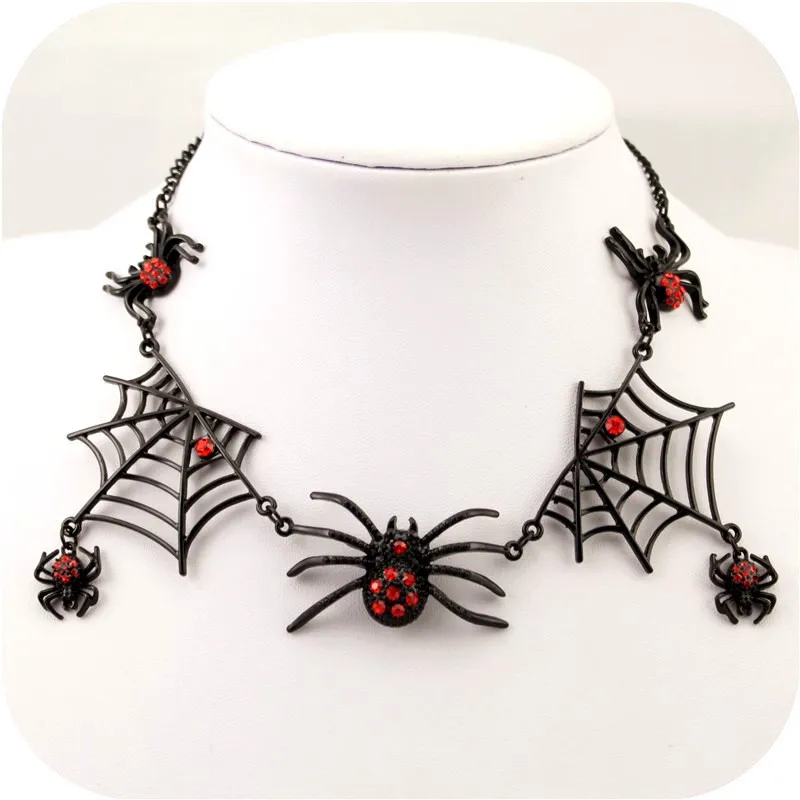 Black Charm Necklace Earring Jewelry Set Women Retro Halloween Spider Web Statement Chokers Ladies Accessories | Украшения и