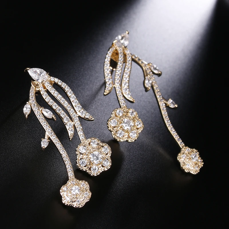 Elegant Multicolor Rose Flower Party Drop Earrings For Women Wedding Yellow Gold Color CZ Stone Long Brnicos | Украшения и