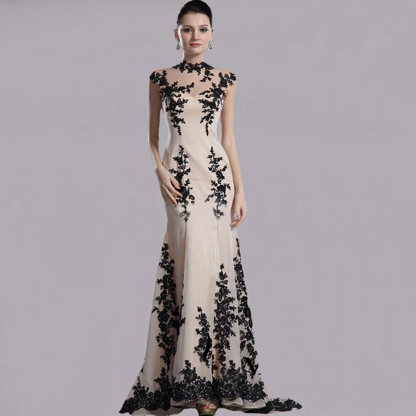 2017 Сшитое Платье Выпускного Вечера Шампанское Черное Кружево Cap Рукавом Высокого