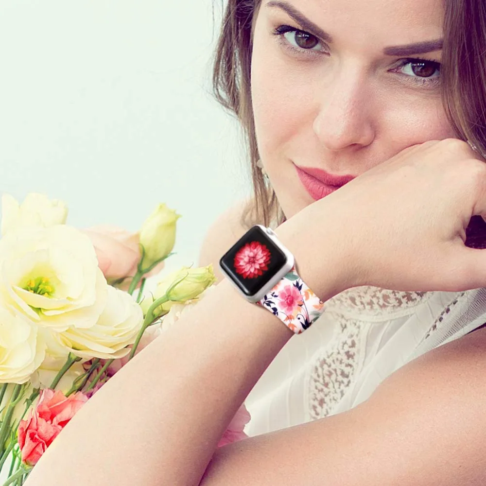 Ленты с цветами для Apple Watch 38 мм 40 мм 42 мм 44 мм, леопардовые силиконовые Печатные Сменные браслеты для iWatch серии 5 4 3 2