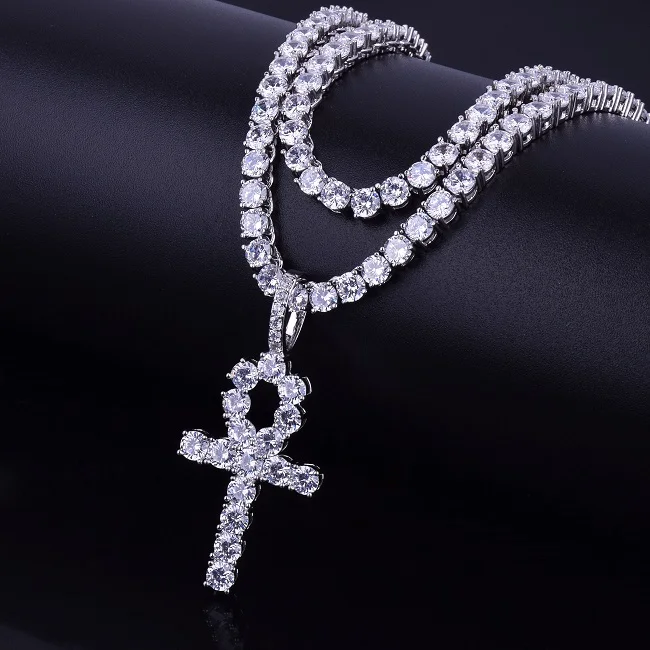 Iced циркон крест АНХ с 4 мм теннисная цепочка цепочки и ожерелья комплект для мужчин хип хоп ювелирные изделия AAA CZ Ключ жизни Египетский кулон - Окраска металла: Tennis chain silver