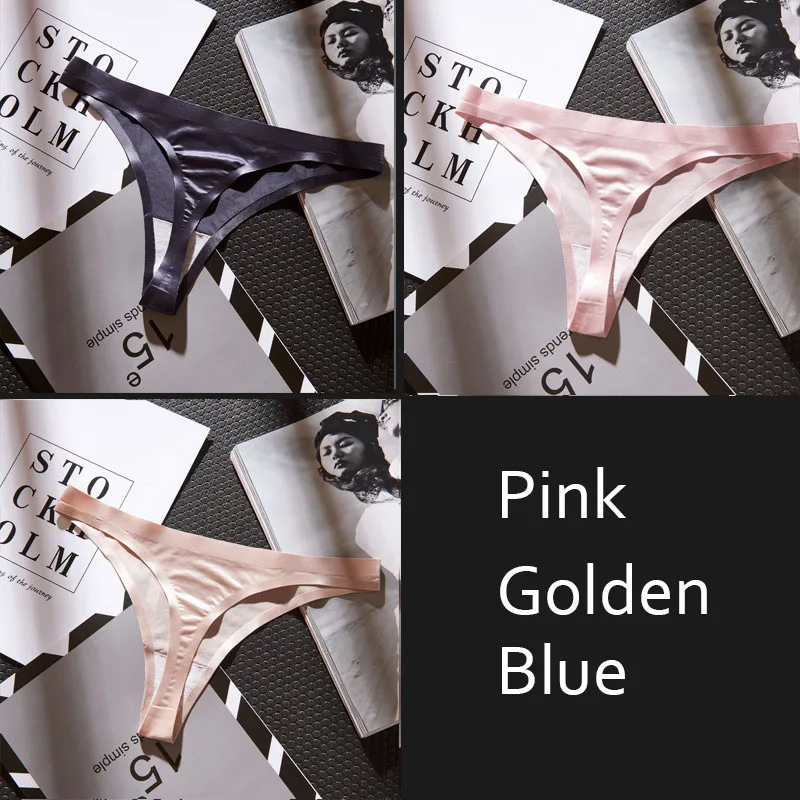 Pink Golden Gray DULASI бесшовные хлопковые стринги для женщин, средняя талия, сексуальные дышащие трусики-стринги, шелковые женские 3 шт./партия - Цвет: Pink Golden Gray