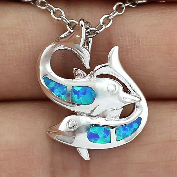 Haимис двойной Дельфин Синий огненный опал женский серебряный кулон для