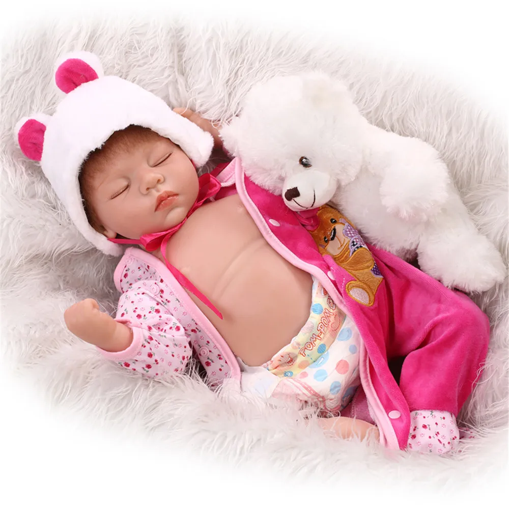 

bebes reborn silicone reborn baby dolls 22"55cm real newborn baby doll with vinyl belly white bear plush doll gift bonecas