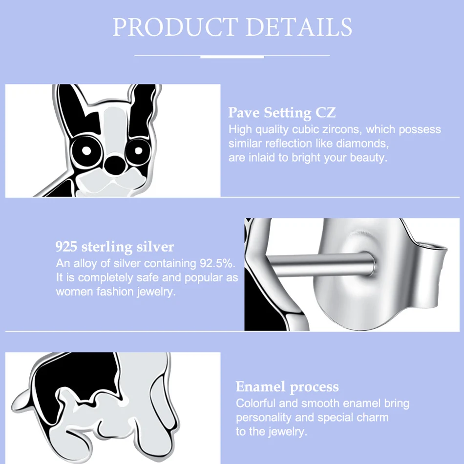 BELAWANG Spring Silver Jewelry Cute Dog Animal Small Stud Earrings 925 Sterling Silver French Bulldog for Women Girls Party Gift