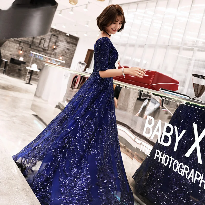2019 Sunmmer Autumn Women Dress Blue Sequin Long Vintage Haute Couture Noble Elegant Gown Birthday Girl's Shirt A298 | Женская