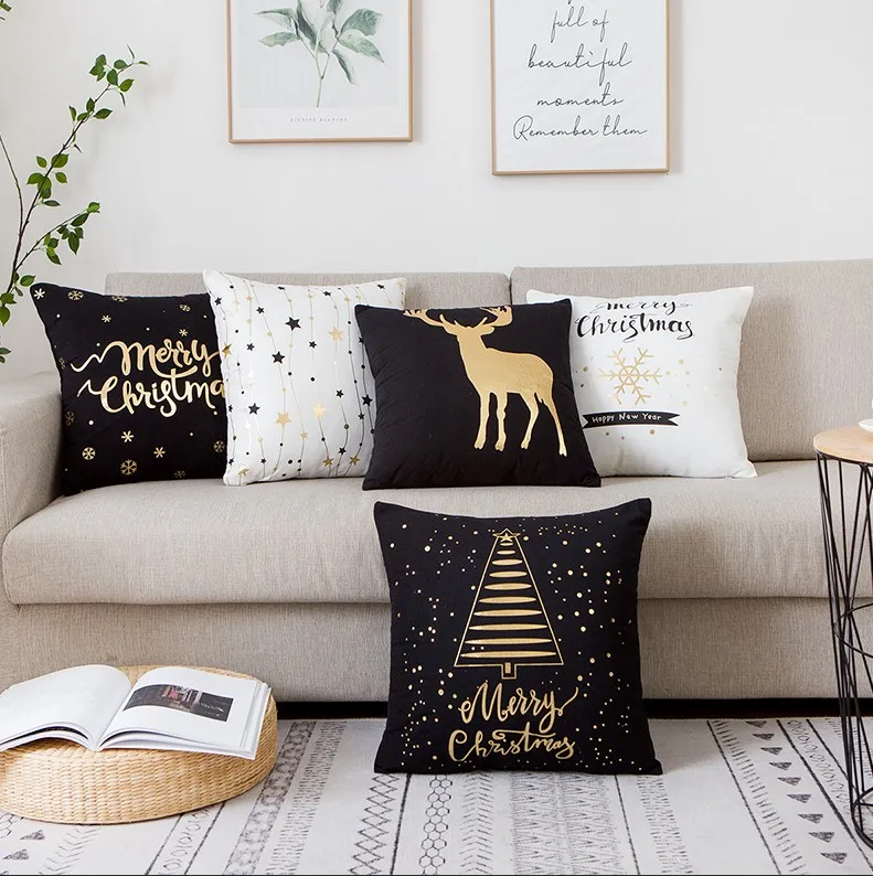 Подушка из золотой фольги черно белая Рождественская декоративная подушка