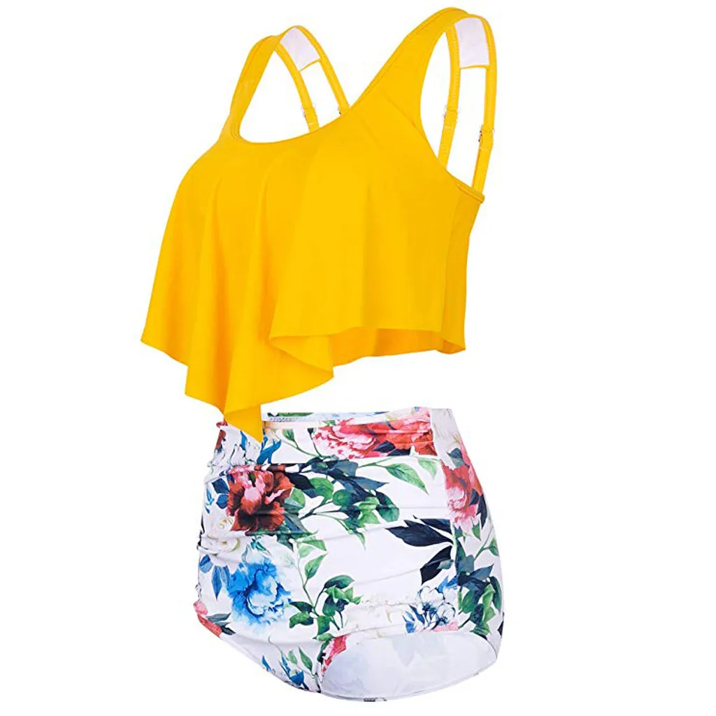 Для женщин комплект бикини Двойка одноцветное желтый топ ремешок оборки