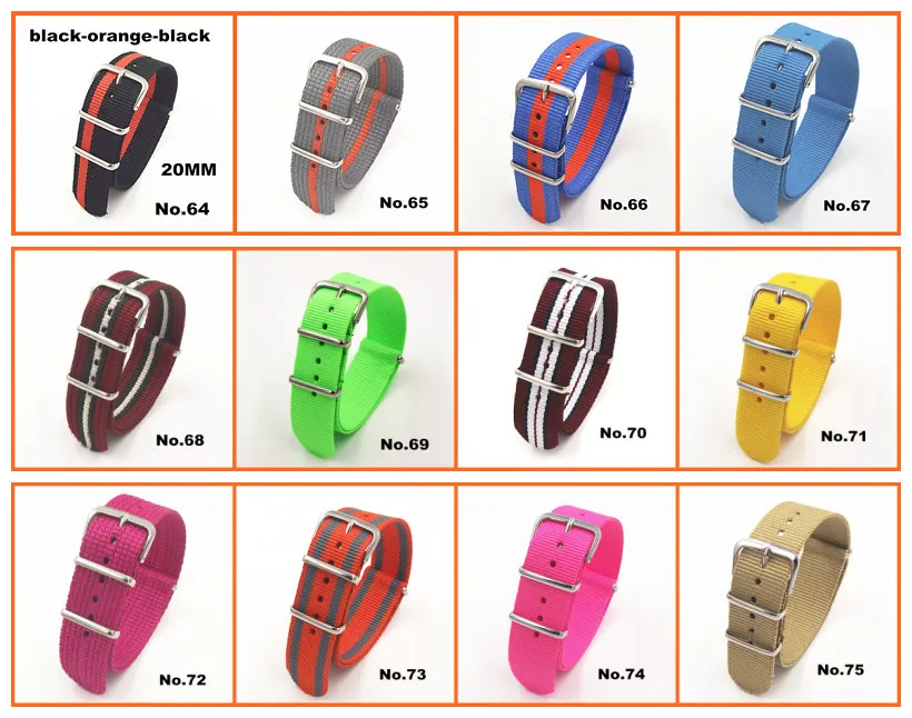 Hot !  Wholesale 10pcs/lot High quality 20MM Nylon Watch band NATO waterproof watch strap fashion wach band - 81 color available