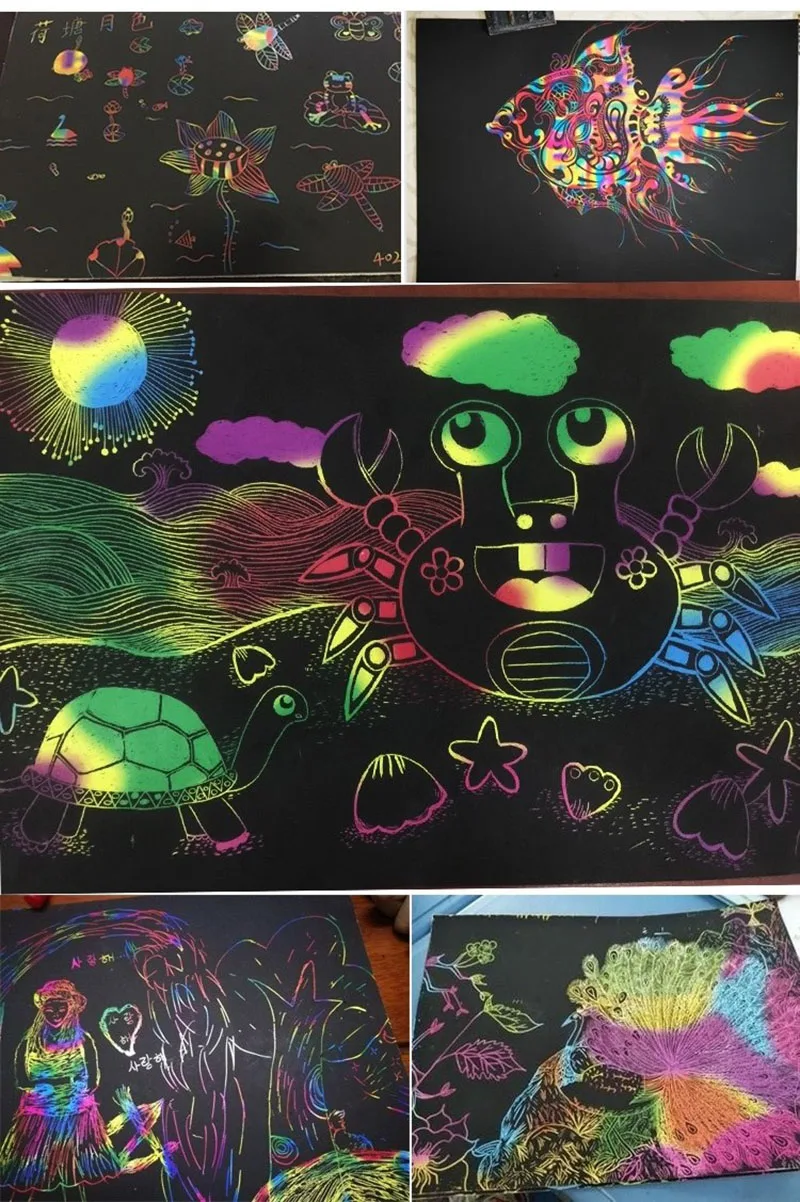 10pcs A4 size Children Scratch Painting Papers with Drawing Stencils Kids Scraping Paper Paint Learning Kindergarten Preschool | Игрушки и