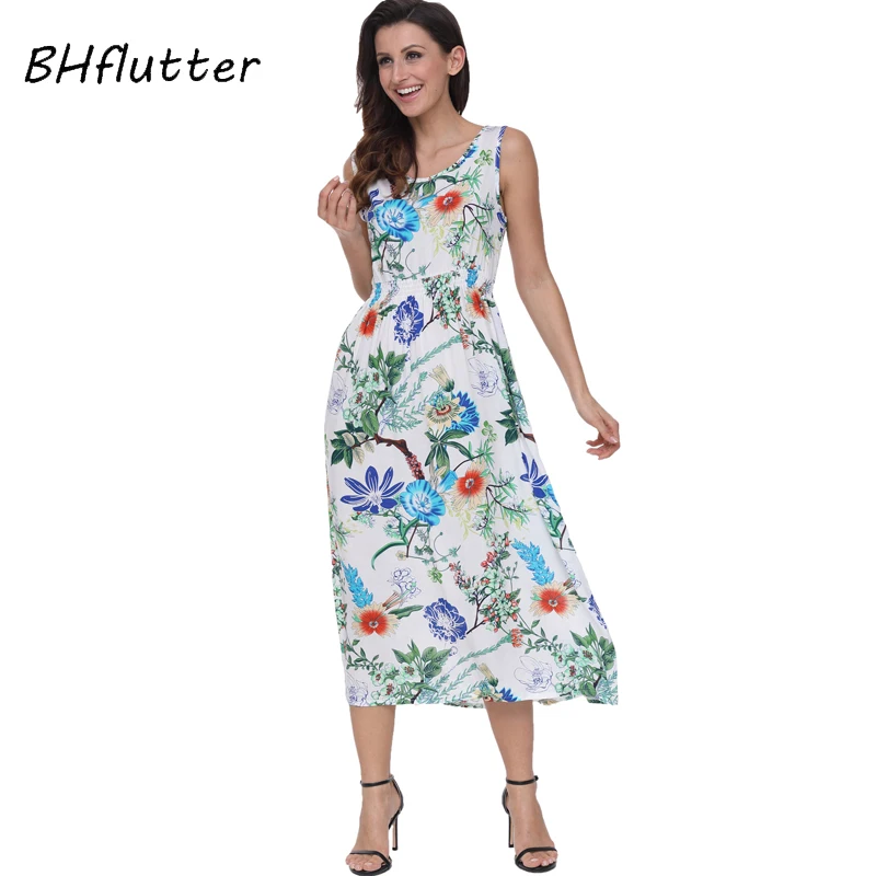 Женское хлопковое платье без рукавов BHflutter повседневное пляжное Бохо с цветочным