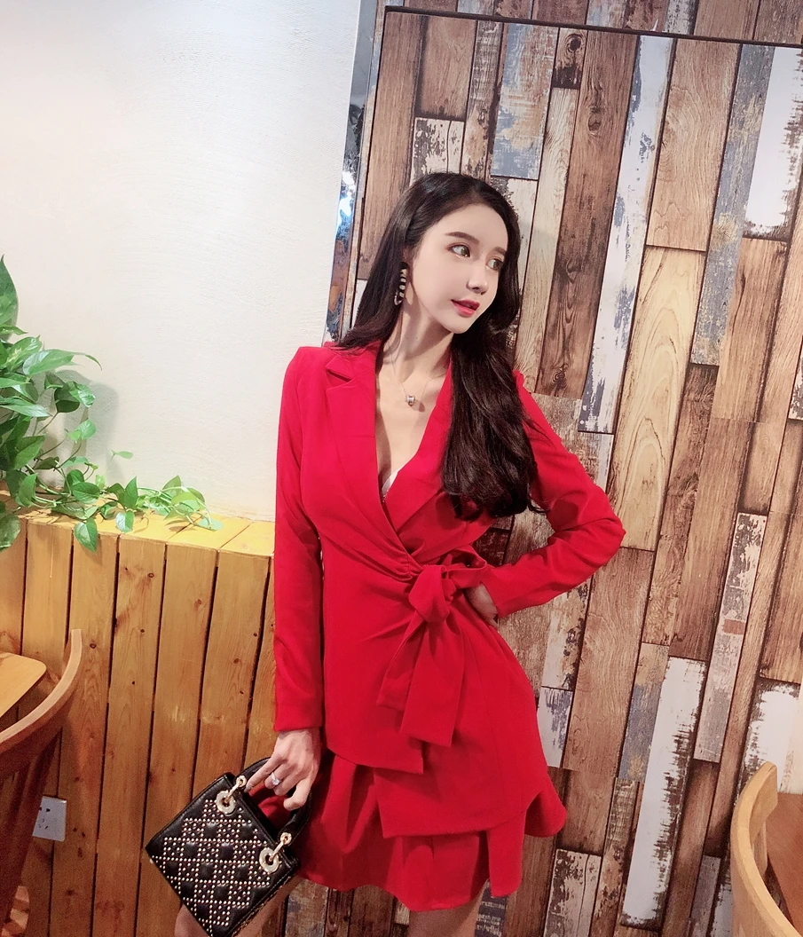 Новинка 2019 черное платье Стильное элегантное с высокой талией OL костюм из двух