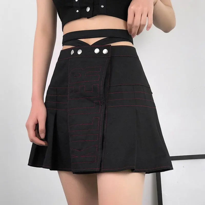 Летняя женская плиссированная юбка в стиле Харадзюку черная с буквенным принтом