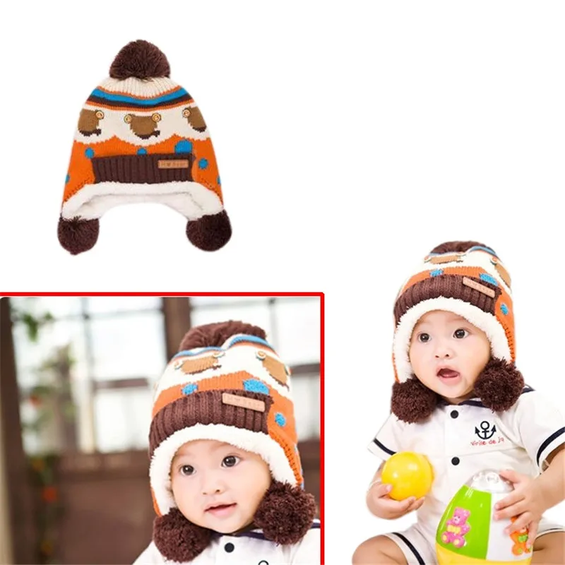 

Cap Cute Baby Kids Infant Winter Warm Hat Cap Double Layers Knitted Hat With fur balls Head Ears Warmer for kids 1~3 years old