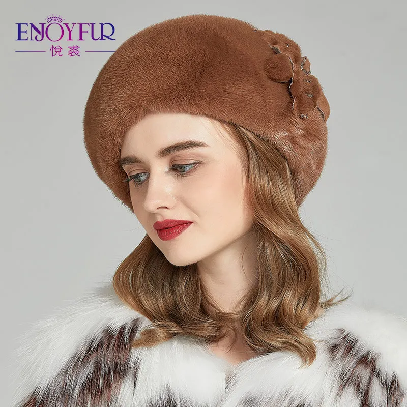 Женская меховая шапка ENJOYFUR, теплая шапочка-берет из цельного куска натурального меха норки с цветком на зиму - Цвет: M23