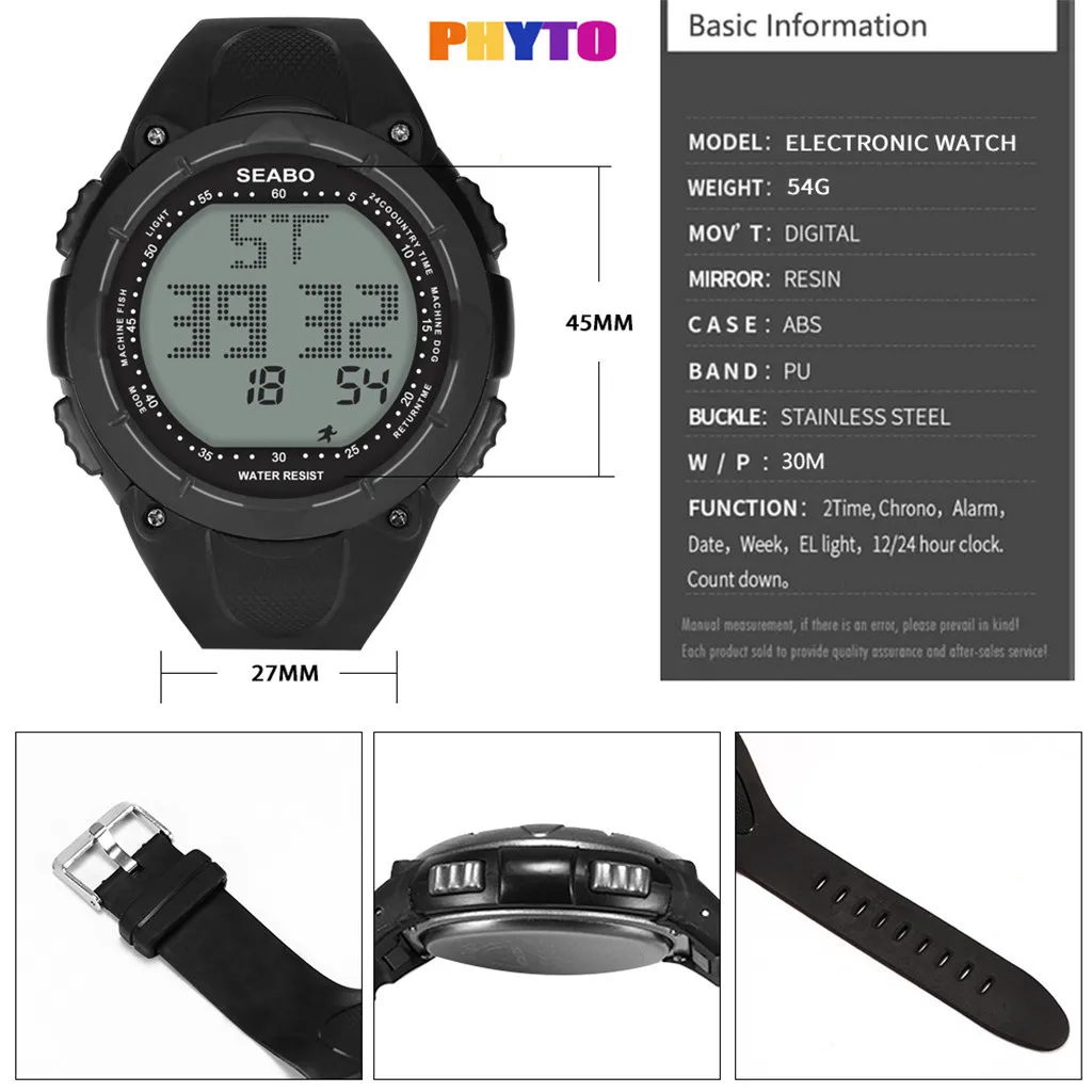 

PHYTO Fashion Brand Casual Mens Digital Watch High-End Multi-Function 30M Sports Waterproof Electronic Mens Clock Watch zegarek