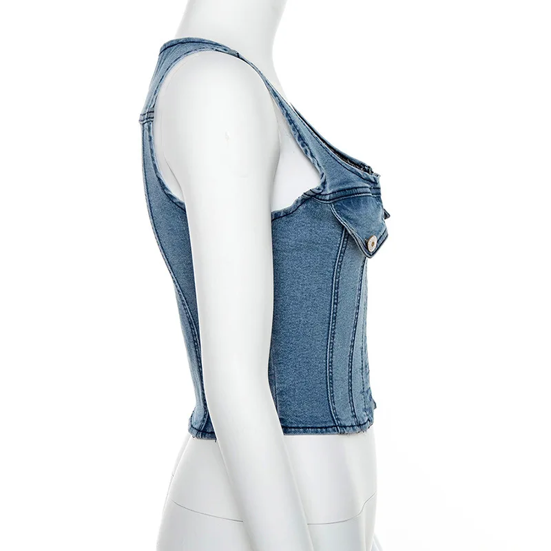 ArtSu Womens Tank Top Sleeveless Denim Sexy Blue Crop Top Femme Square Neck Fashion Streetwear Summer Tops Casual ASVE20681