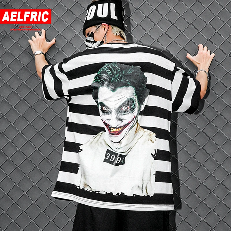 AELFRIC 18ss летняя Хлопковая полосатая футболка КЛОУН хип-хоп топы Swag футболки Мужская повседневная Уличная одежда джокер американский размер s-xl