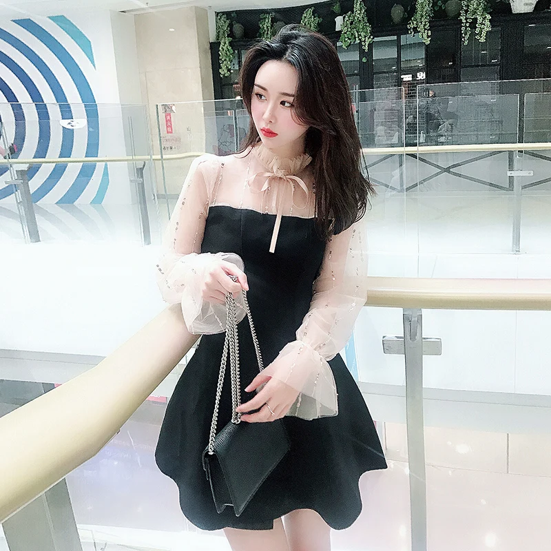 Корейская приталенная Женская одежда Сетчатое платье трапециевидной формы в